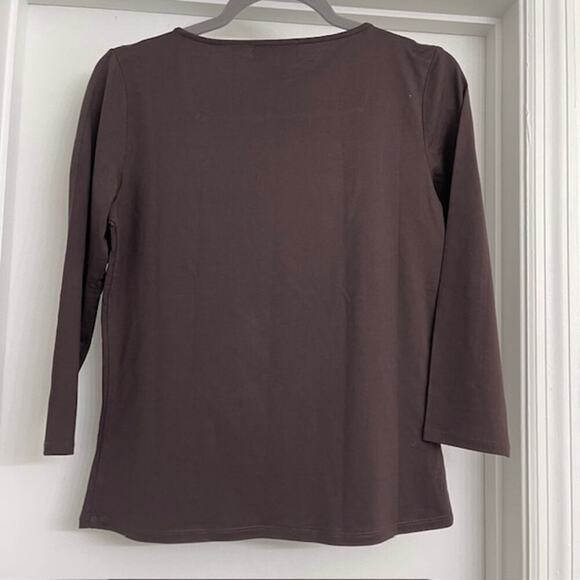 Magaschoni Square Neck Silk 3/4 Sleeve Blouse Brown Casual Minimalist Basic Sz S - Picture 3 of 5